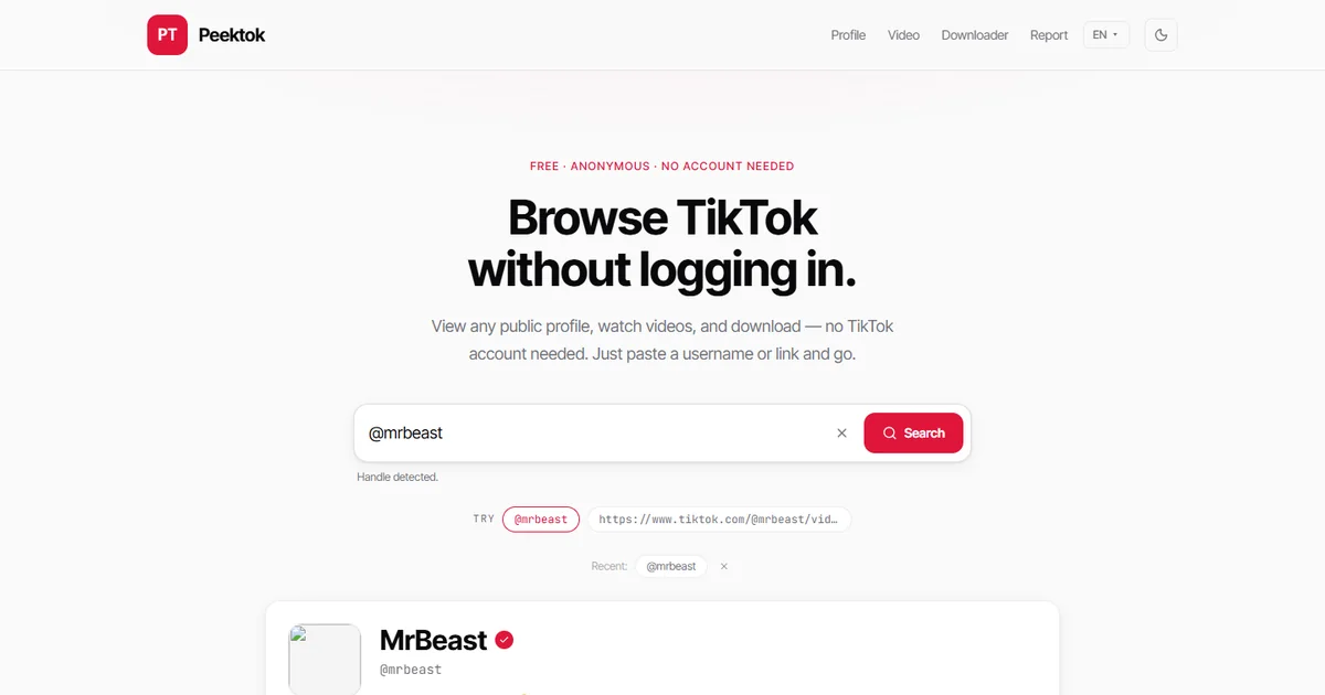 Peektok search page with the public TikTok handle @mrbeast entered