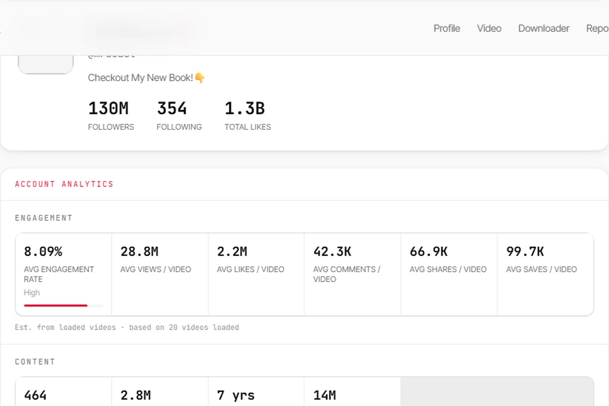 Peektok public profile result showing account totals and engagement statistics