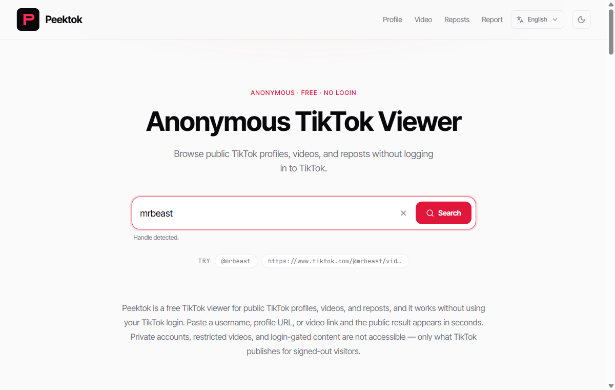 Peektok English homepage with mrbeast entered before submitting the lookup