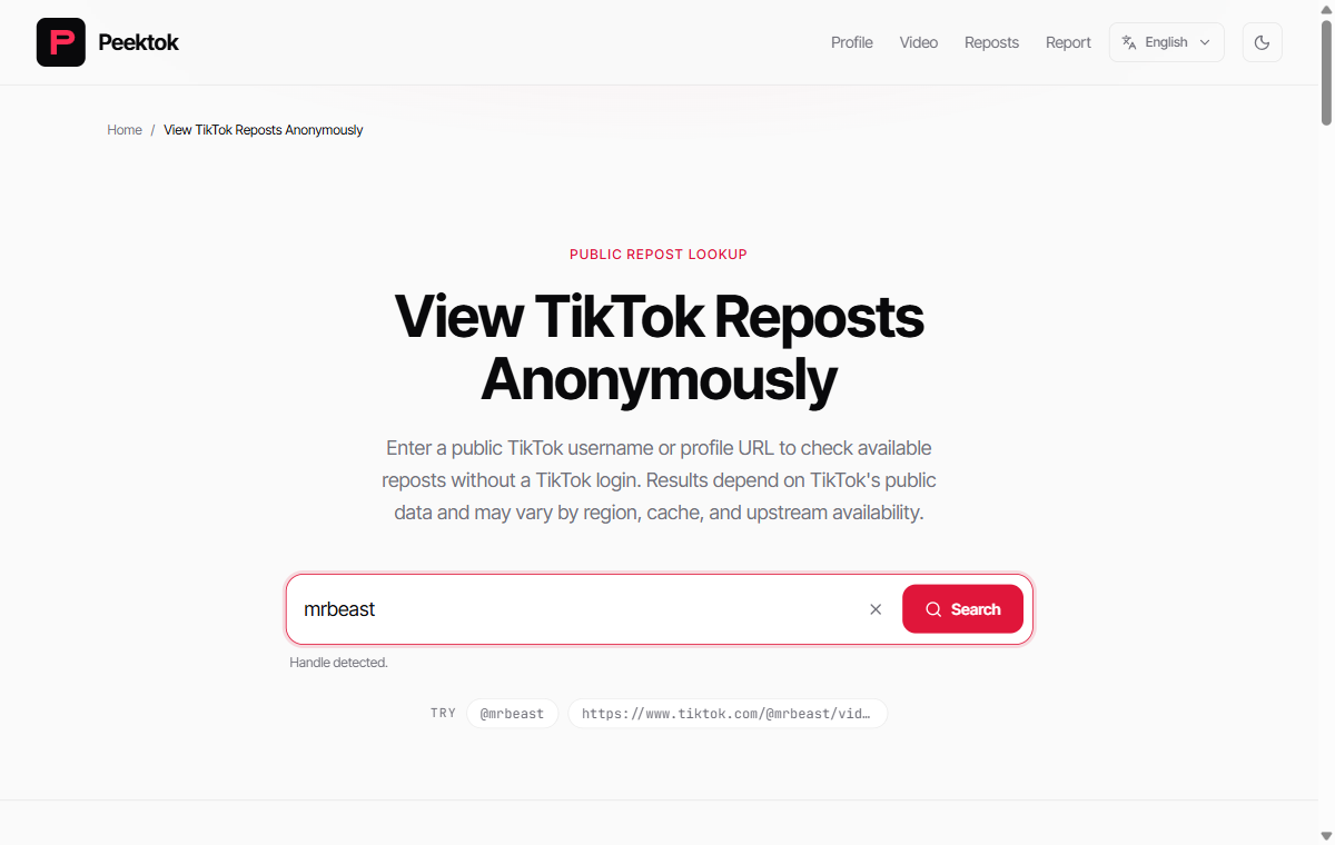 Peektok repost viewer with the public handle mrbeast entered before search